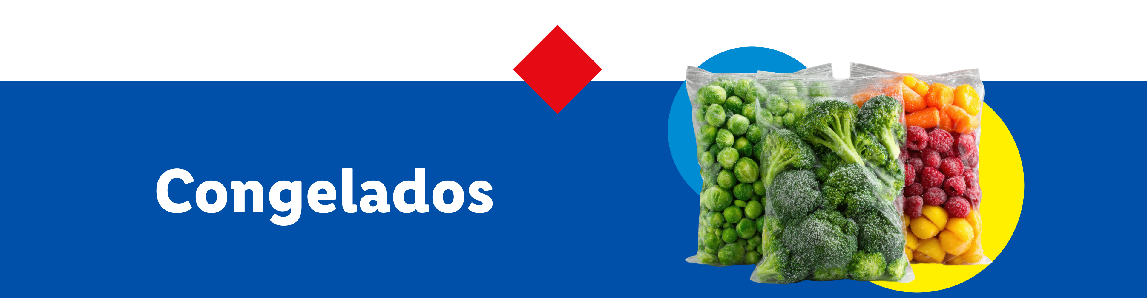 Sacos de brócolos, couve-de-bruxelas e frutos congelados.
