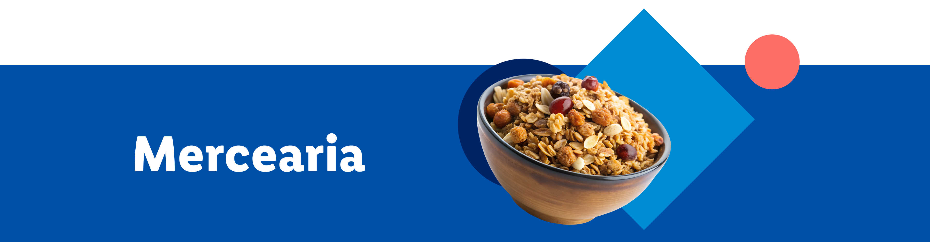 Granola em uma tigela de madeira, com fundo azul e o nome 'Mercearia'.