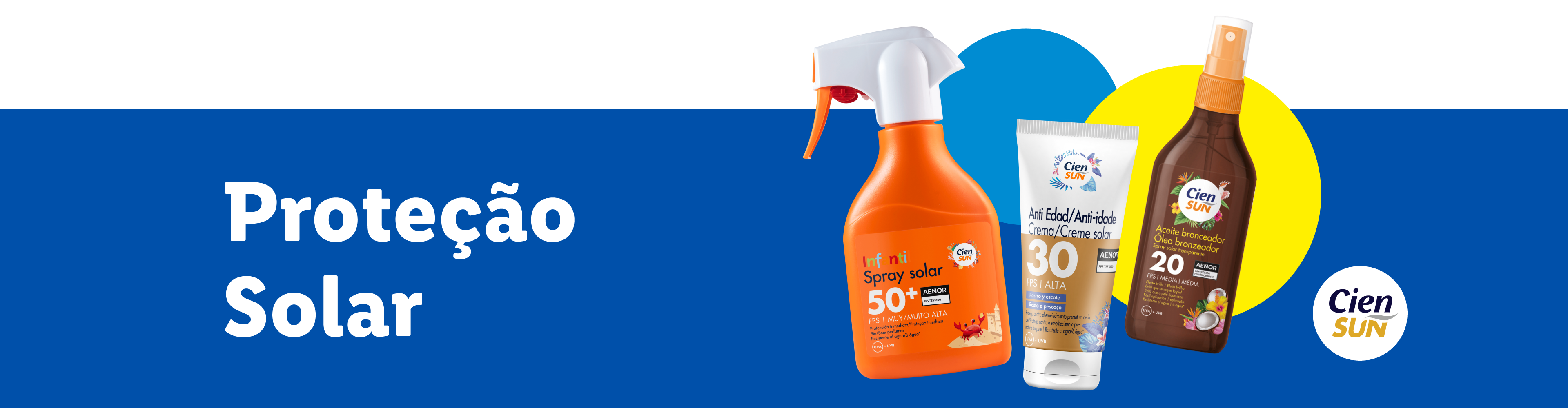 Proteção solar Cien Sun: spray, creme e óleo bronzeador.