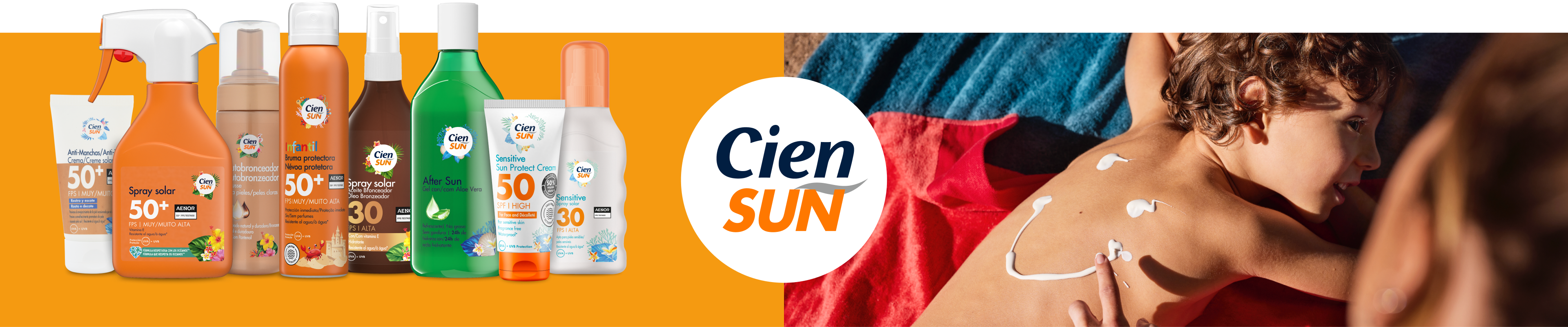 Protetor solar Cien Sun: variedade de sprays, cremes e loções para diferentes tipos de pele e idades.