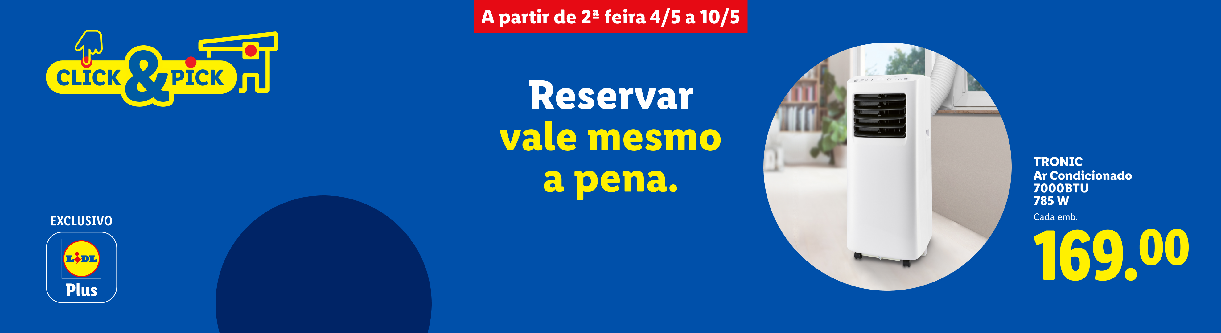 Anúncio de ar condicionado portátil por 169,00€, disponível de 4/5 a 10/5, exclusivo Lidl Plus.