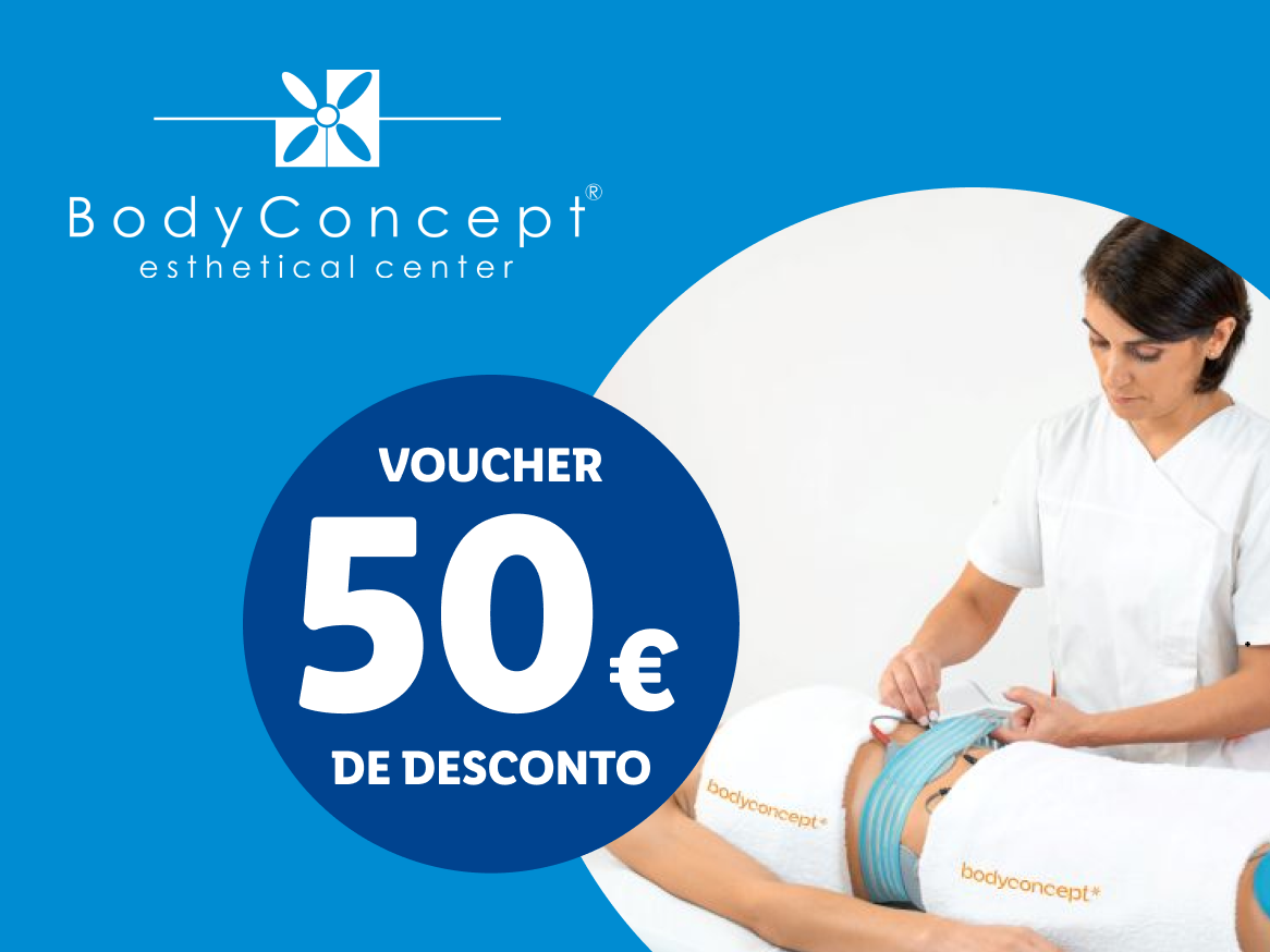 Voucher de 50€ de desconto para um centro de estética, com uma mulher a receber um tratamento.