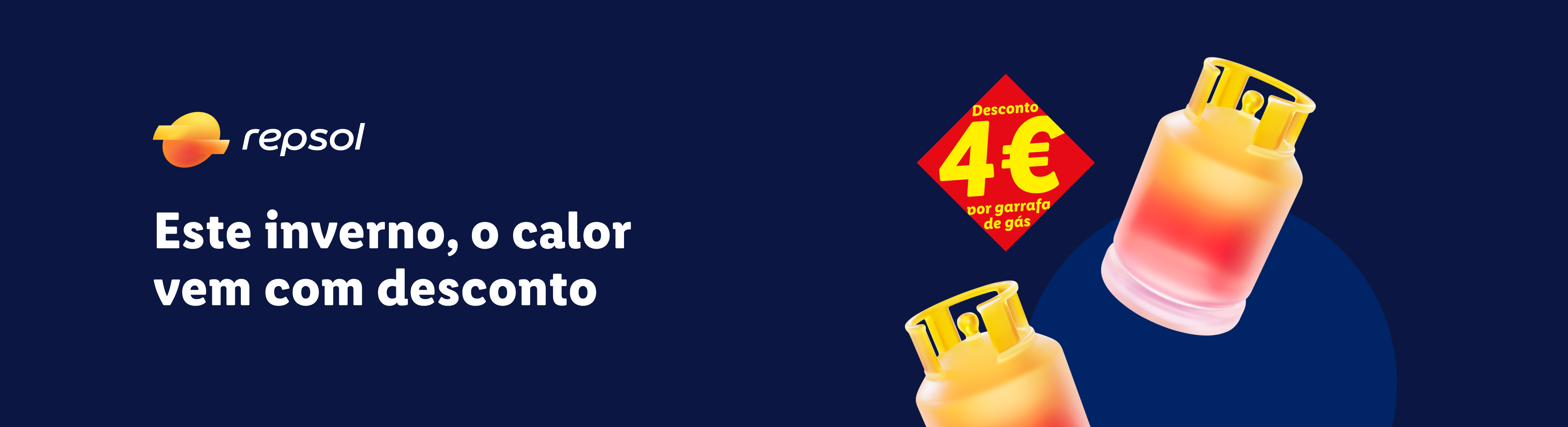 Gás de garrafa com desconto de 4€, com o tema 'Este inverno, o calor vem com desconto'.
