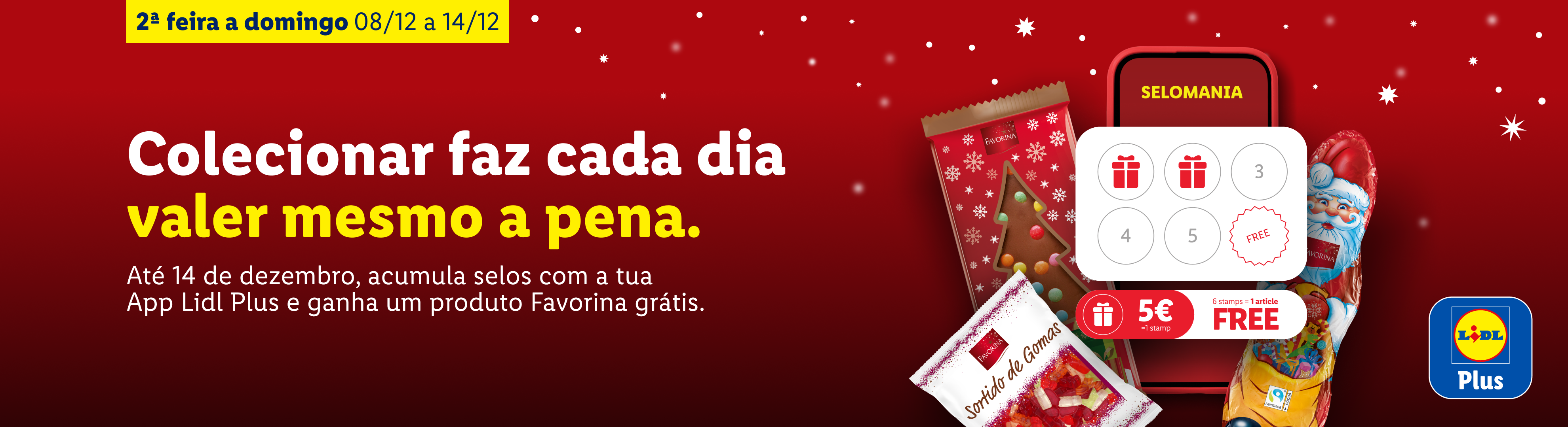 Promoção de Natal Lidl Plus com produtos Favorina, incluindo doces e chocolates.
