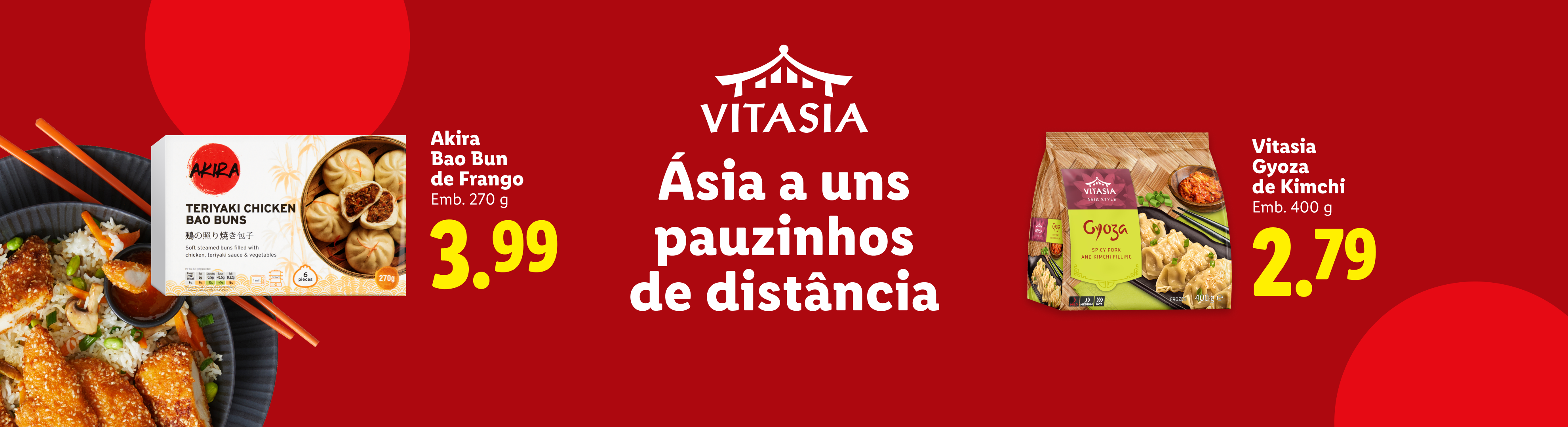 Pães bao de frango e gyoza de kimchi, com o tema 'Ásia a uns pauzinhos de distância'.