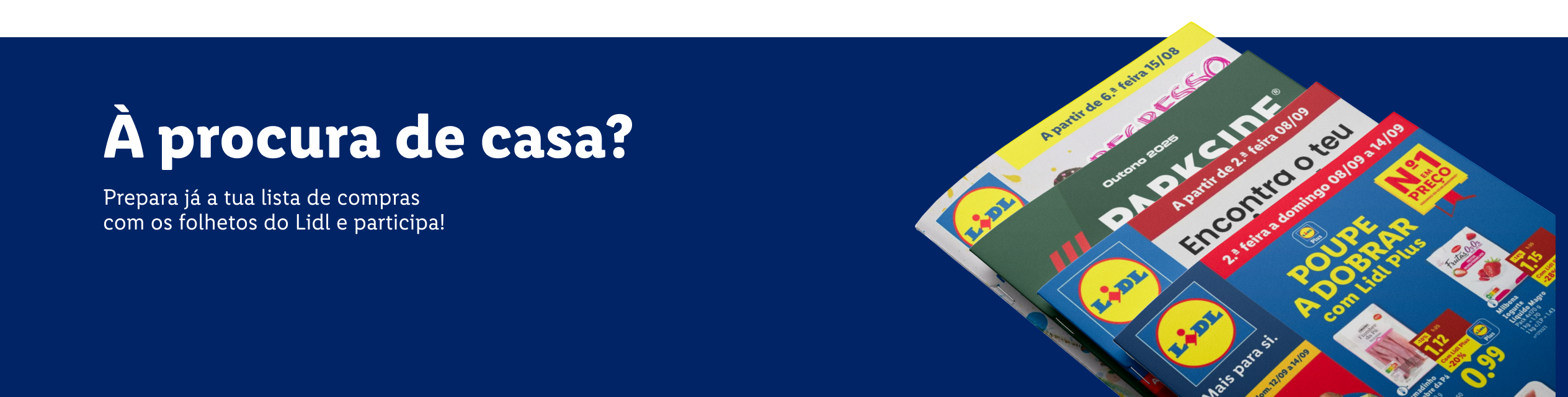 Folhetos do Lidl com ofertas de produtos como iogurte, fiambre e frutas.