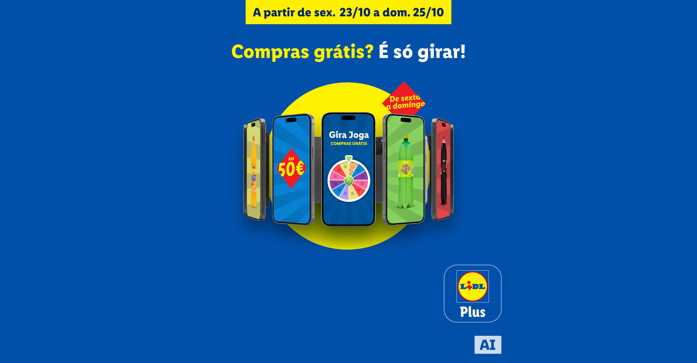 Anúncio de campanha digital com smartphones exibindo jogo de roda da sorte e refrigerantes.