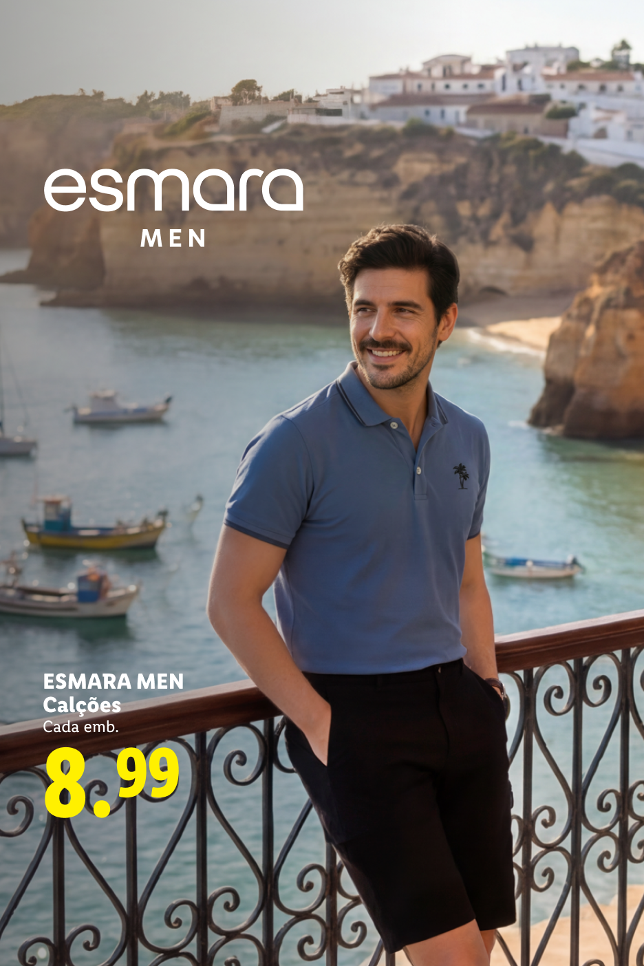 Homem sorridente com polo azul e calções pretos, com vista para o mar e barcos.