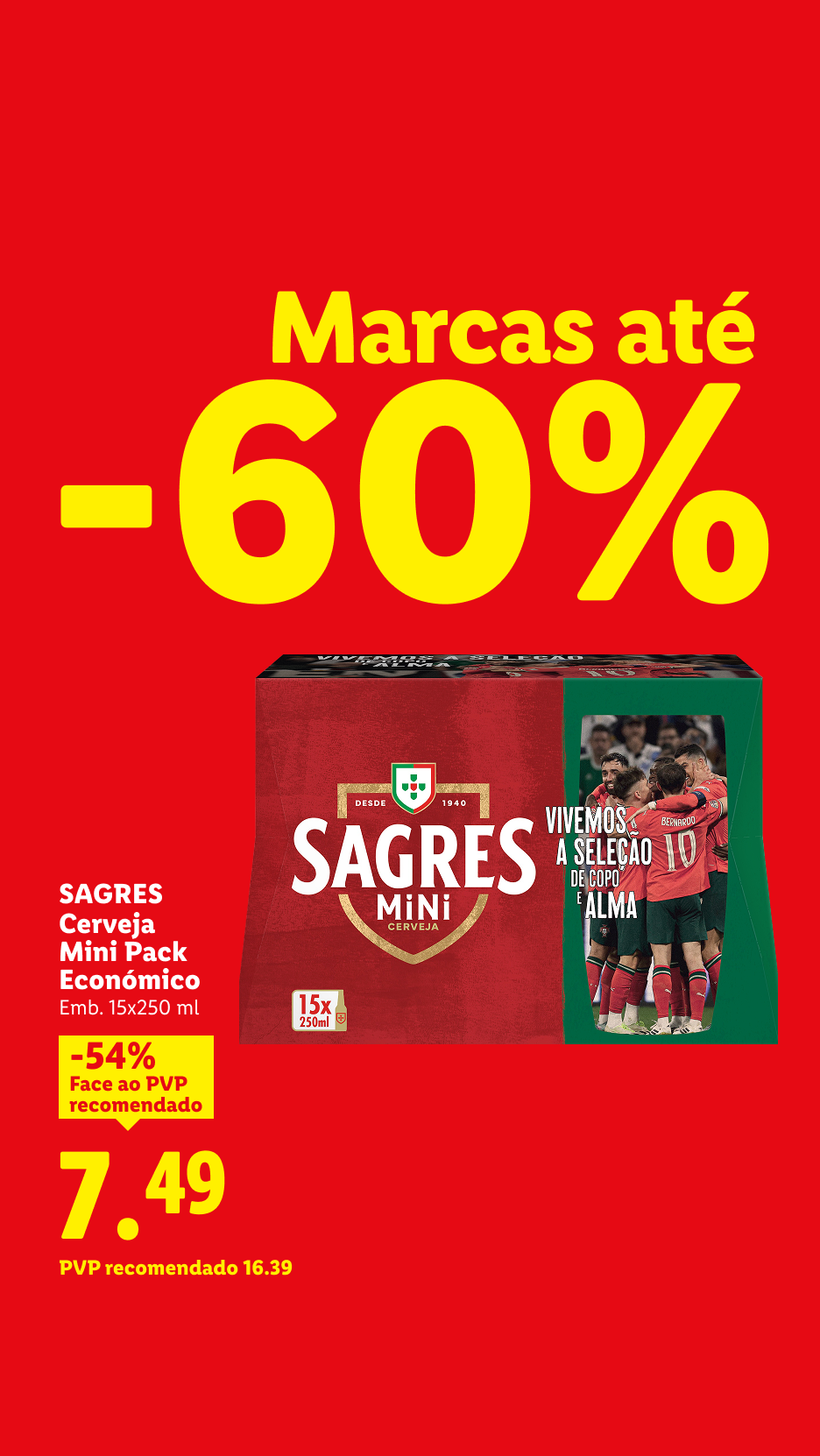 Promoção de até -60% em várias marcas, com destaque para um pack de cerveja mini com -54% de desconto.