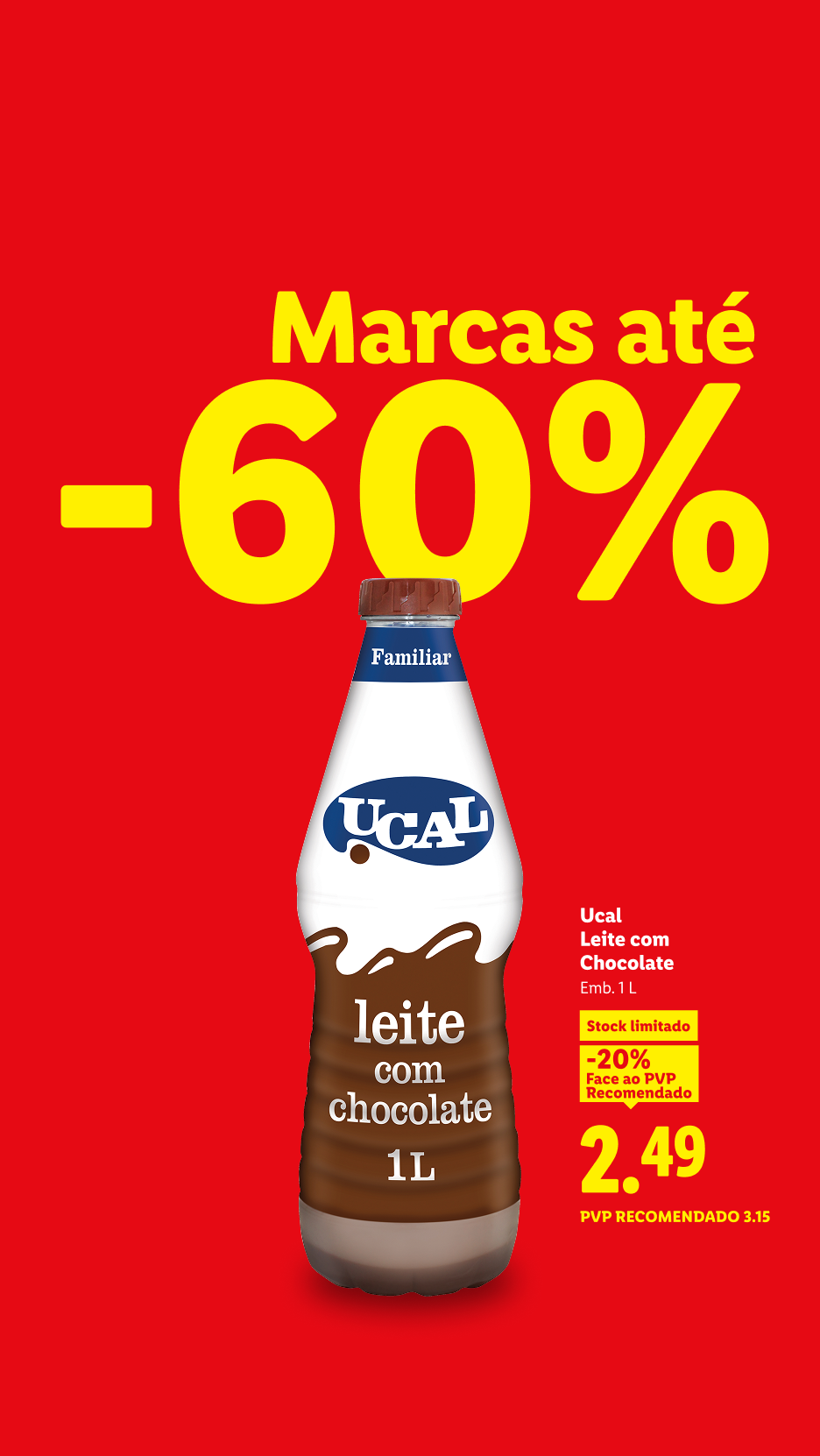 Garrafa de leite com chocolate com desconto de 60% em marcas selecionadas.