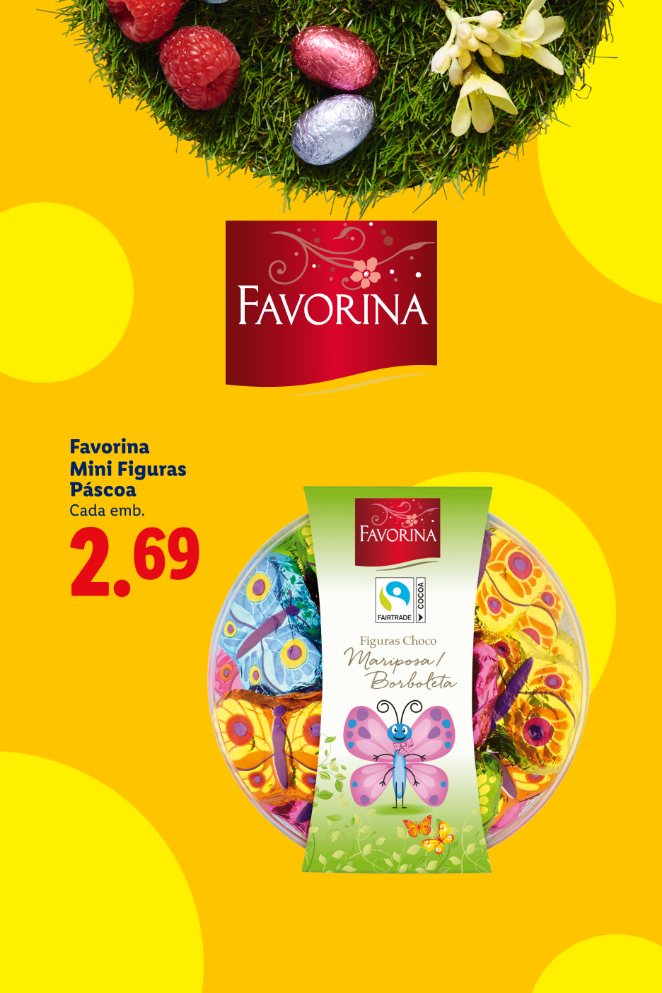 Mini figuras de Páscoa de chocolate em forma de borboleta, com preço de 2,69€.