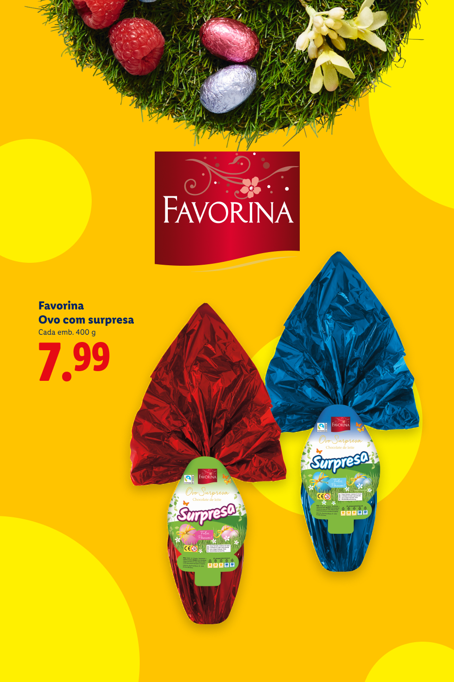 Ovos de Páscoa com surpresa, um vermelho e um azul, com preço de 7,99.