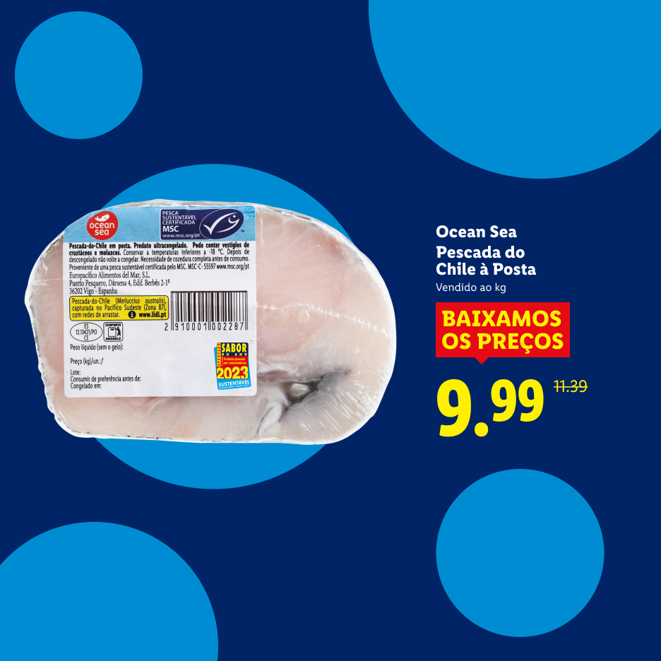 Pescada do Chile em posta ultracongelada com selo de sustentabilidade, em promoção.
