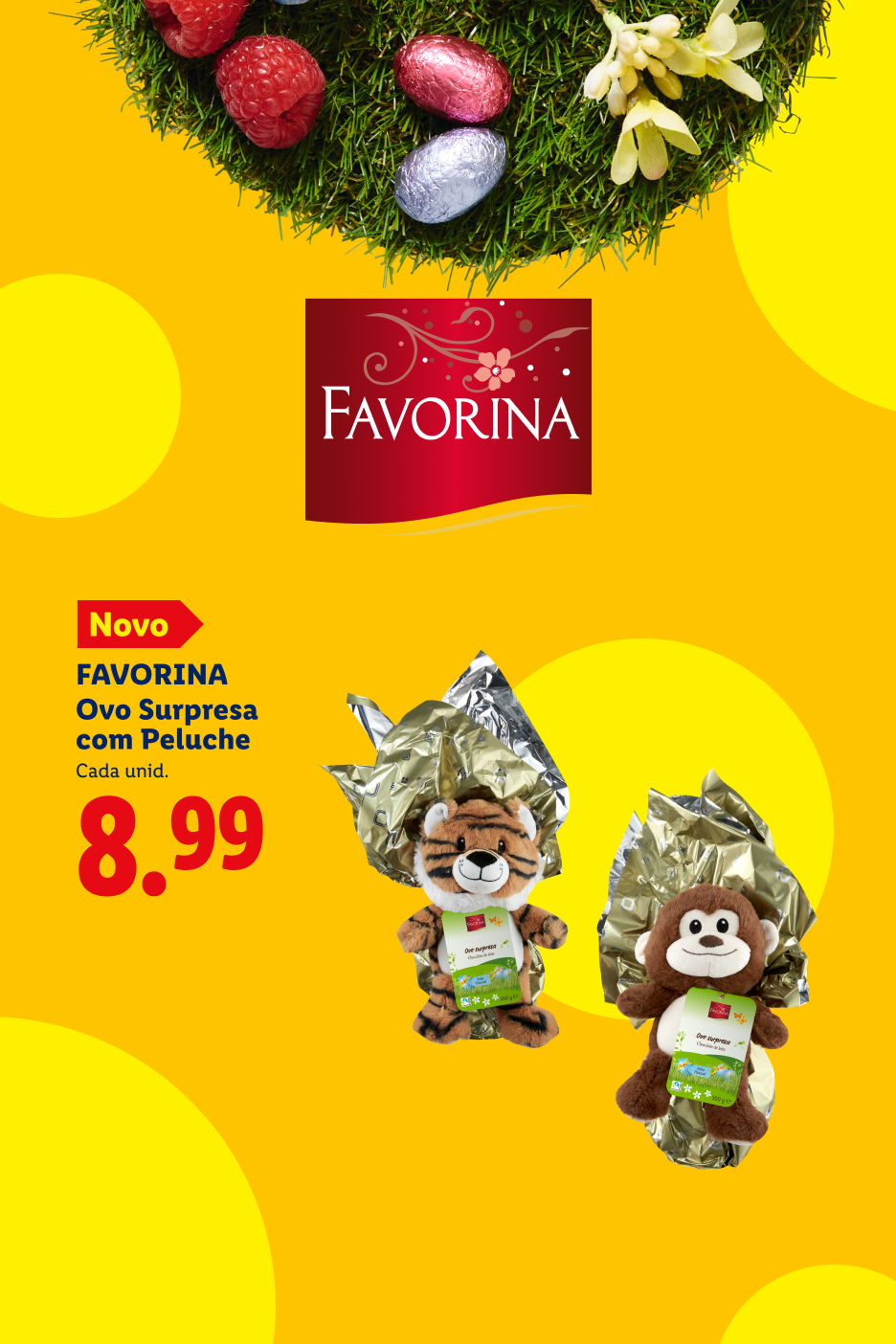 Ovos de Páscoa surpresa com peluches de animais, framboesas e ovos de chocolate.