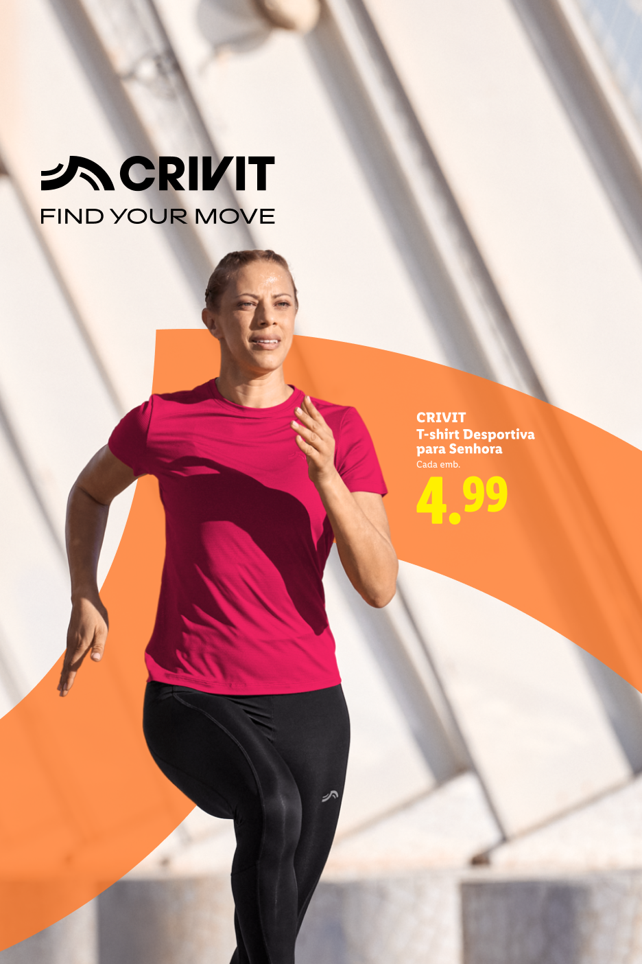 Mulher a correr, a usar t-shirt desportiva rosa e leggings pretas. Preço: 4,99.