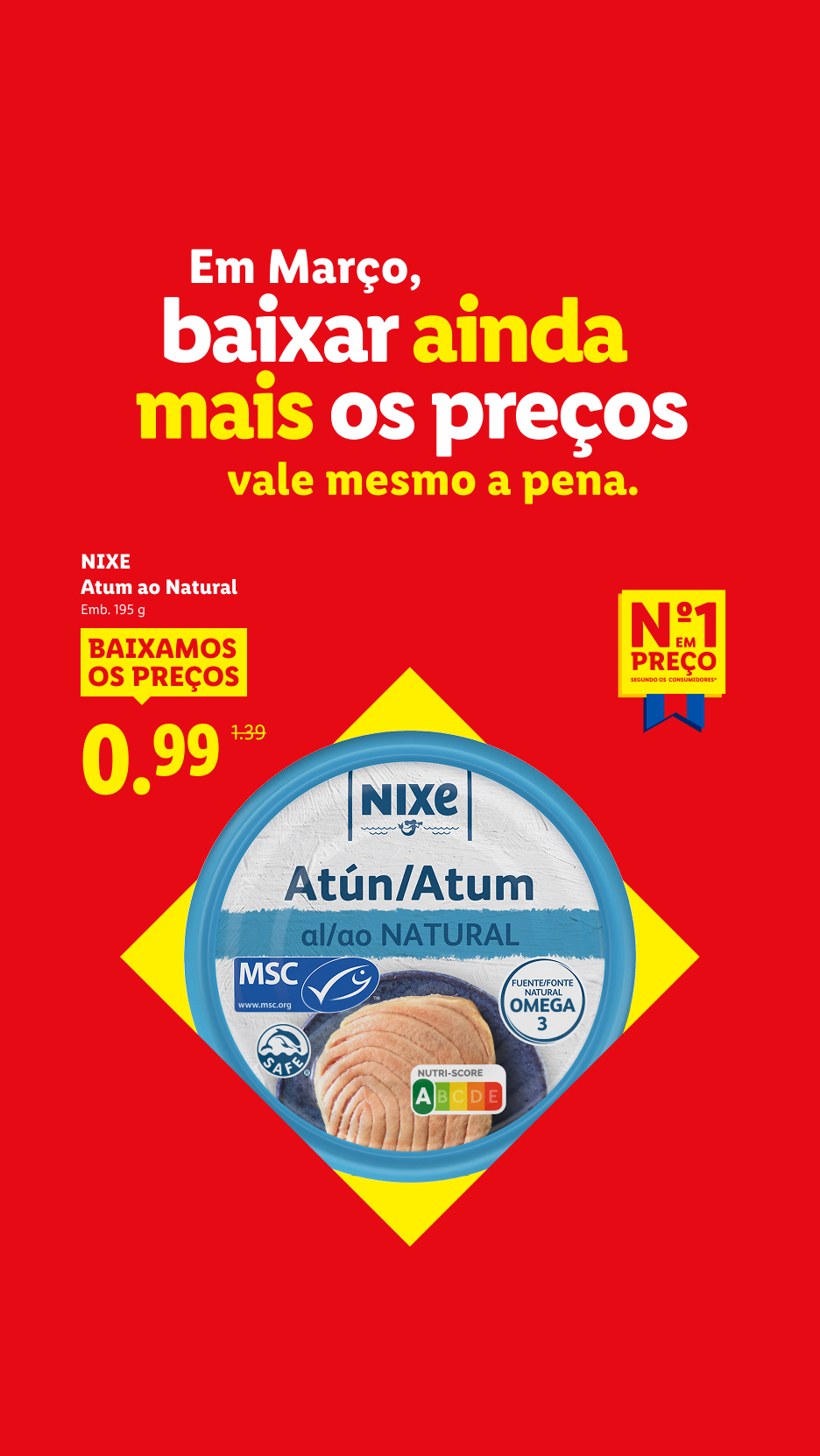Anúncio de atum em lata com preço promocional de 0,99€, destacando a redução de preços em março.