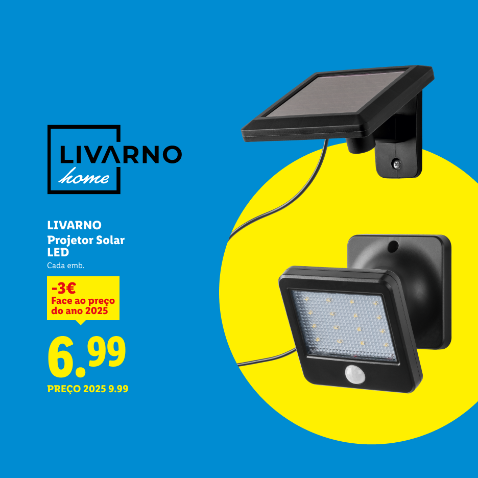 Projetor solar LED com painel solar separado, preço de 6,99€, com desconto de 3€ face ao preço de 2025.