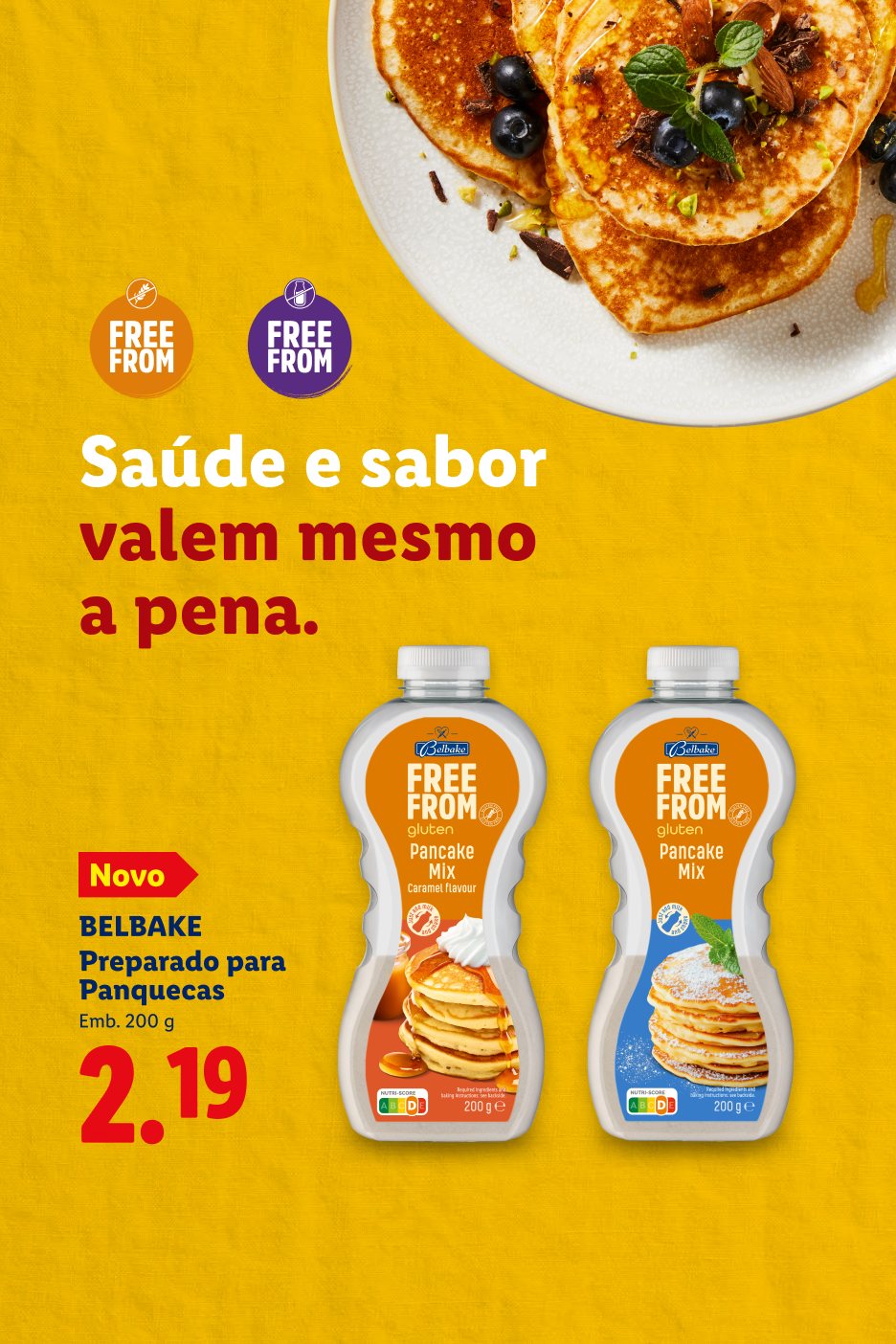 Misturas para panquecas sem glúten, com sabores caramelo e natural, e panquecas decoradas.