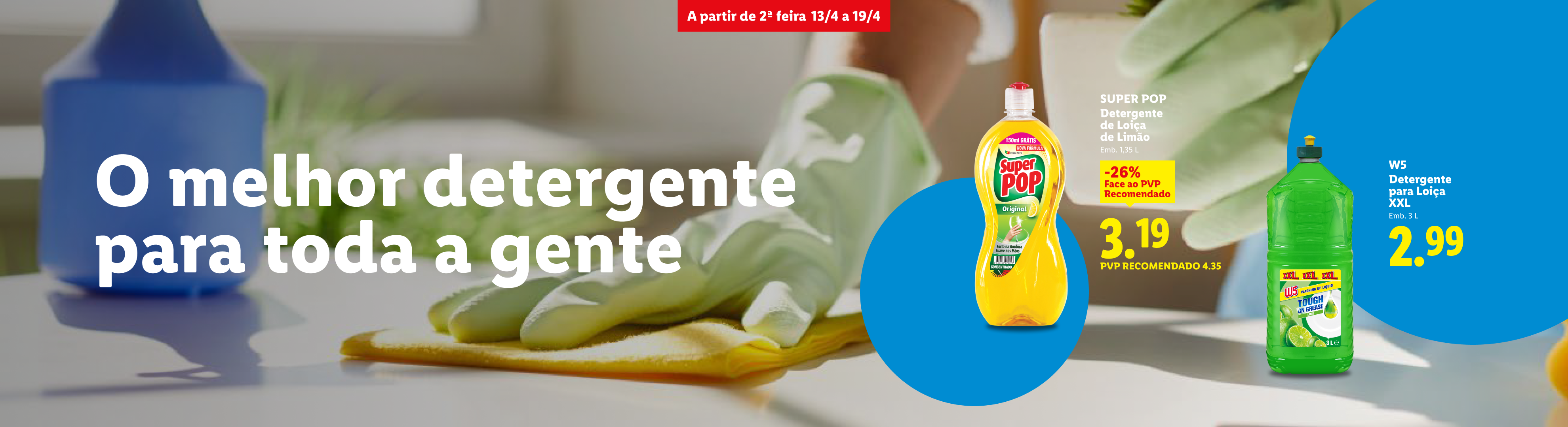 Anúncio de detergentes para loiça com luvas de limpeza e pano, destacando ofertas e preços.