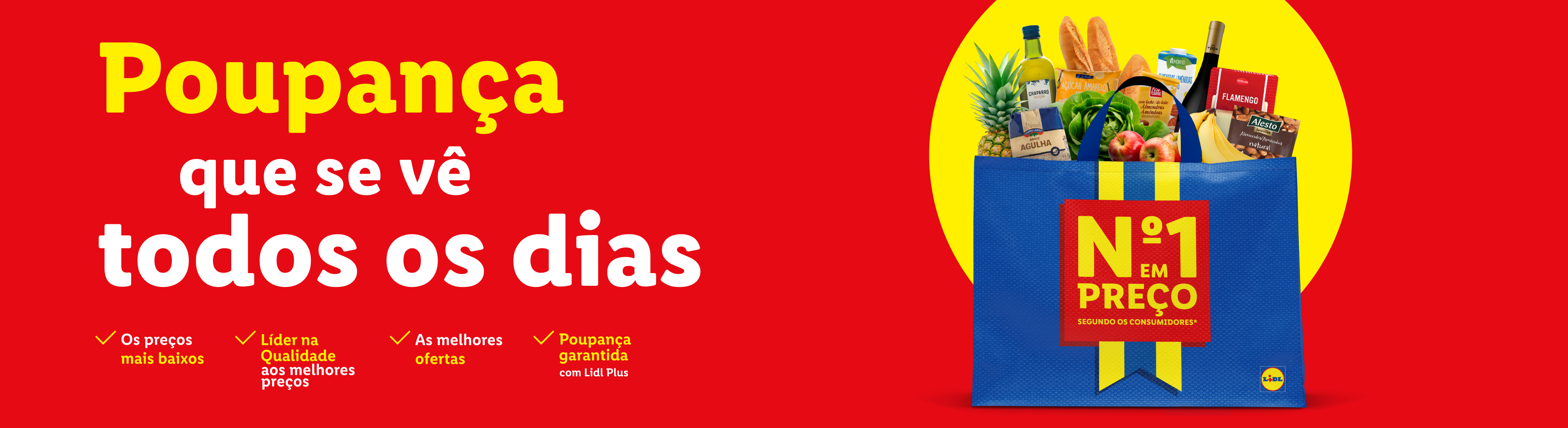 Saco de compras azul com produtos alimentares variados e texto 'Poupança que se vê todos os dias'.