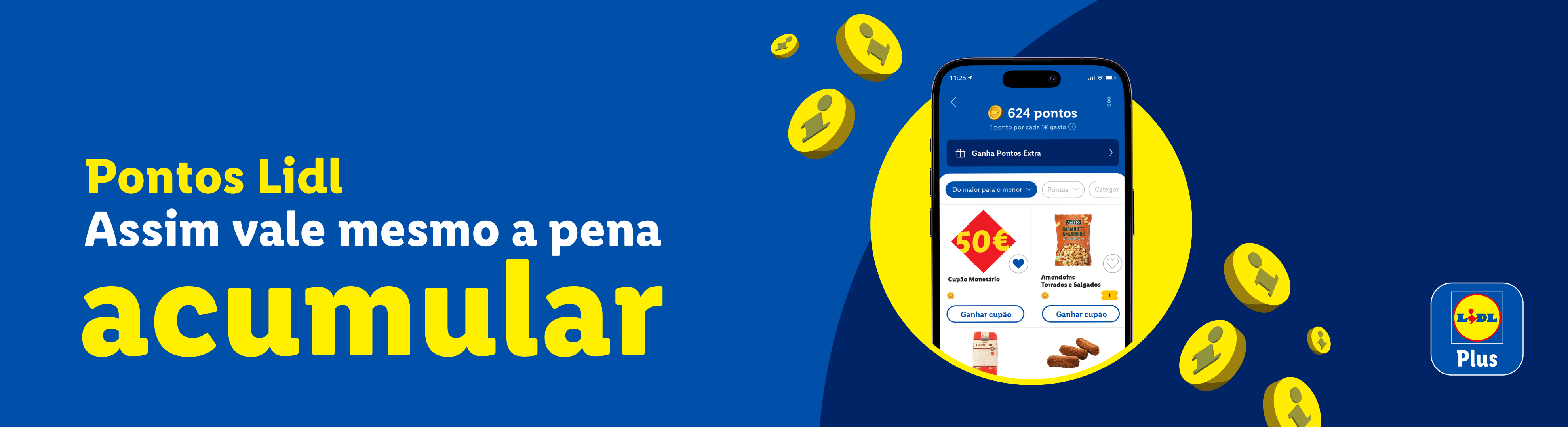 Anúncio do programa de pontos Lidl, com um smartphone exibindo a aplicação e ofertas de cupões.
