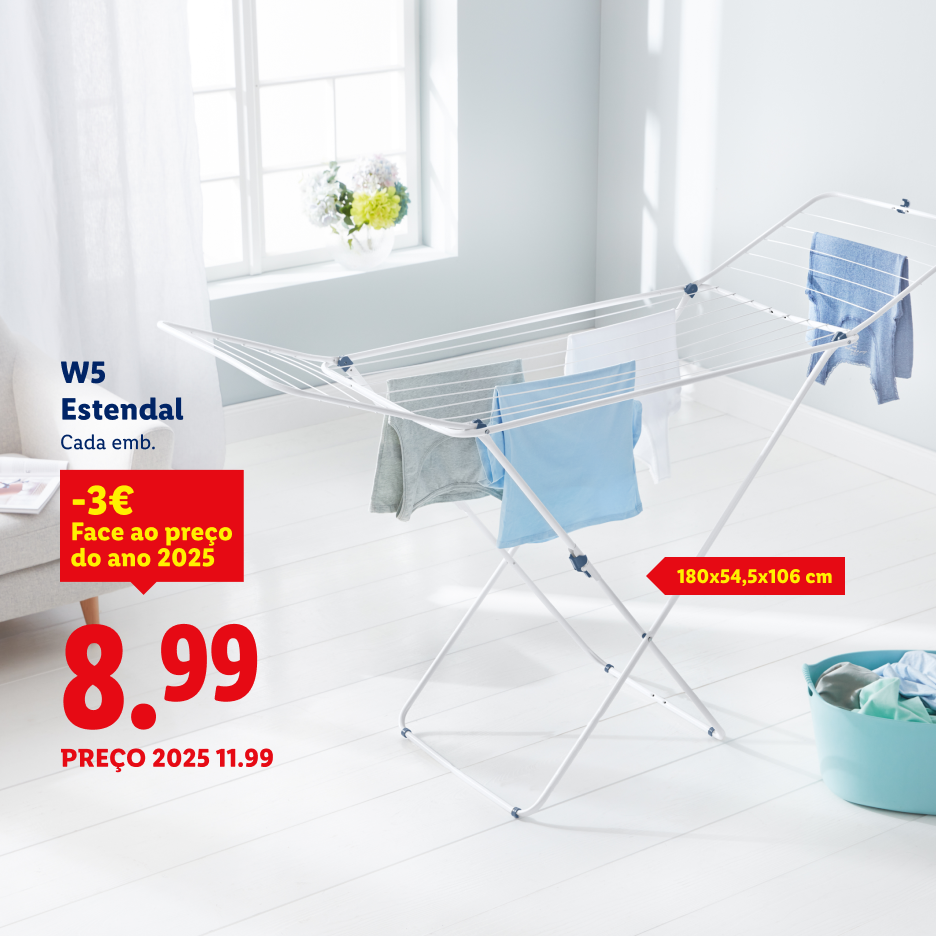 Estendal de roupa branco com roupa pendurada, com preço de 8,99€ e dimensões 180x54,5x106 cm.