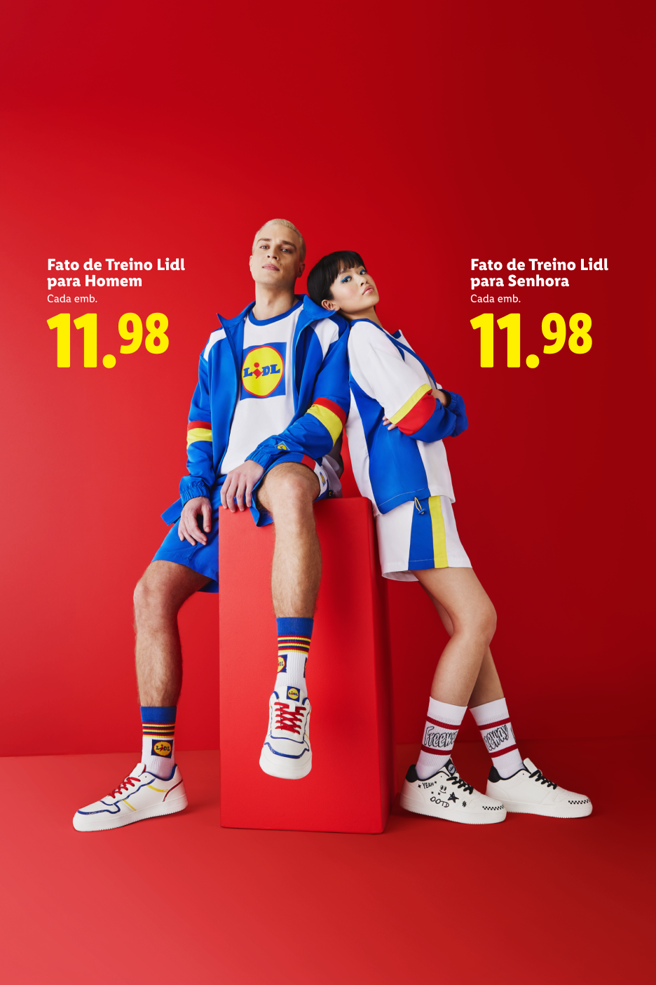 Homem e mulher a usar fatos de treino e sapatilhas, com preços de 11,98.
