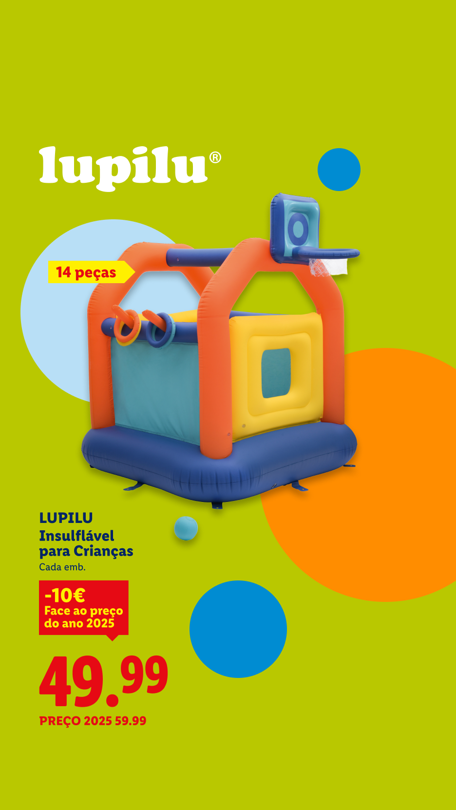 Castelo insuflável para crianças com 14 peças, custa 49,99€, menos 10€ face ao preço de 2025.