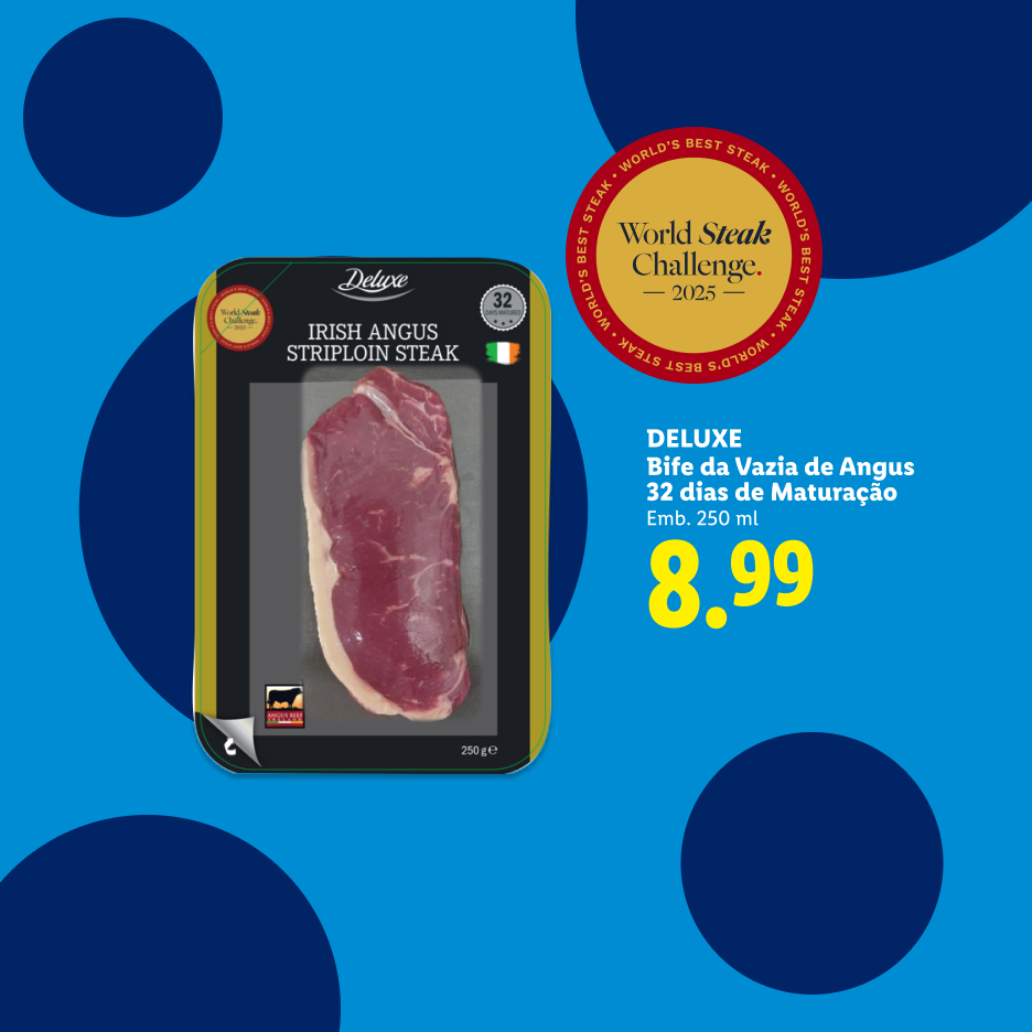 Bife de vazia de Angus com 32 dias de maturação, 250g, por 8,99€.