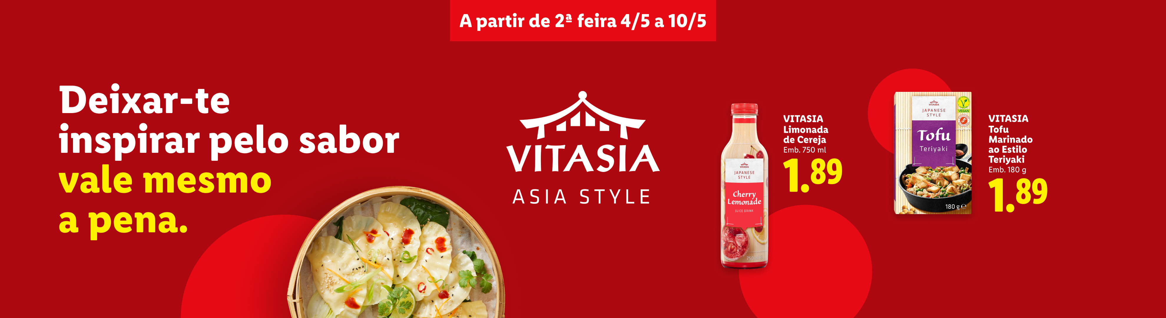 Anúncio de produtos asiáticos, incluindo limonada de cereja e tofu teriyaki, com preços promocionais.