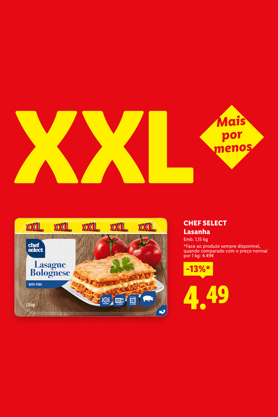 Lasagna Bolonhesa XXL com carne de porco, embalagem de 1,15 kg, com desconto de 13% a 4,49€.