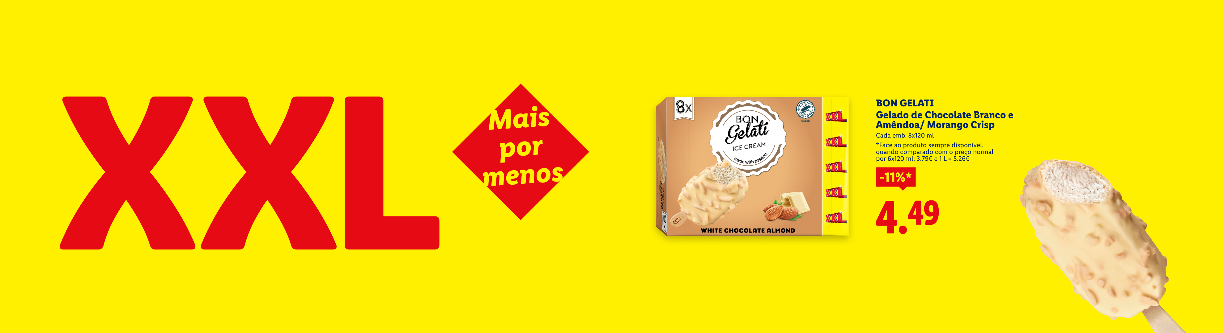 Gelados de chocolate branco e amêndoa em promoção, com o tema 'Mais por menos'.
