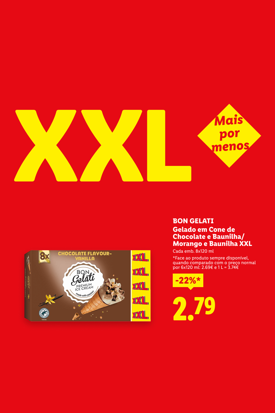 Gelado em cone XXL de chocolate e baunilha/morango e baunilha, com desconto de 22%.