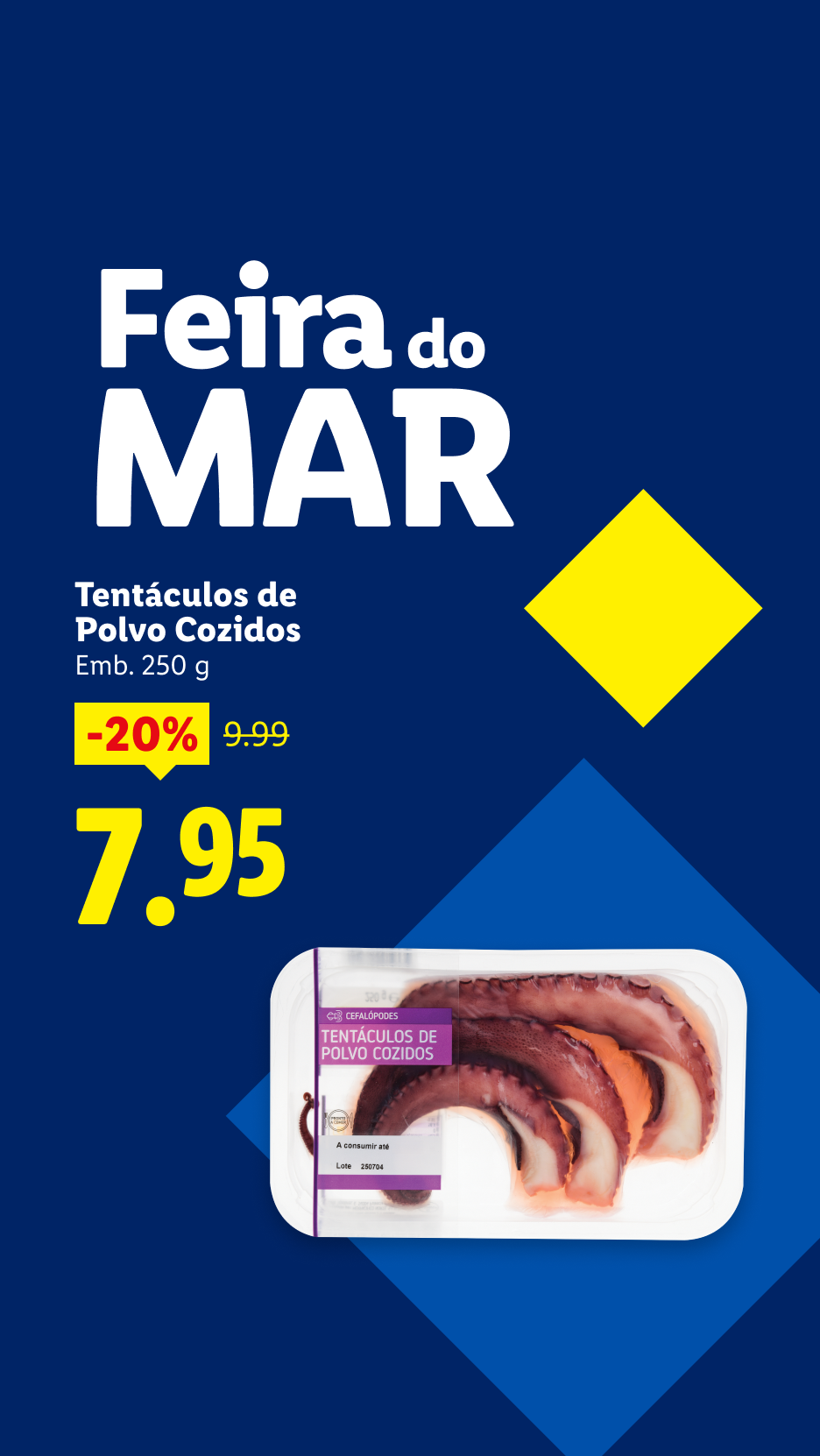 Anúncio de 'Feira do MAR' com tentáculos de polvo cozidos a 7,95€, com 20% de desconto.