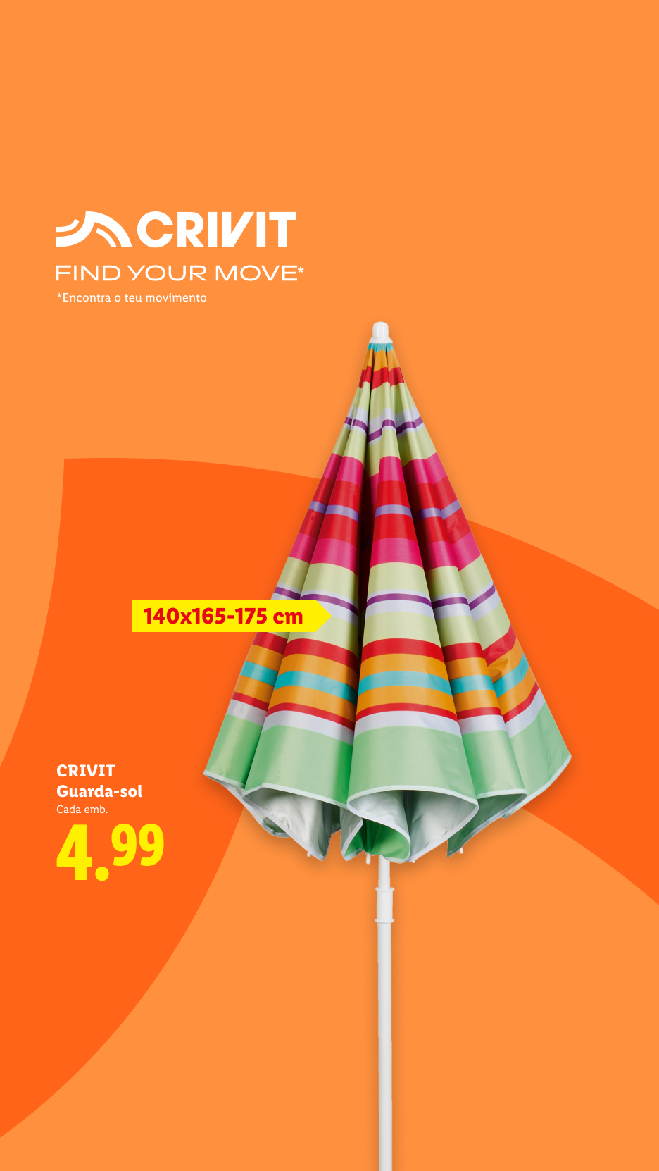 Guarda-sol de praia às riscas coloridas, 140x165-175 cm, por 4,99€.