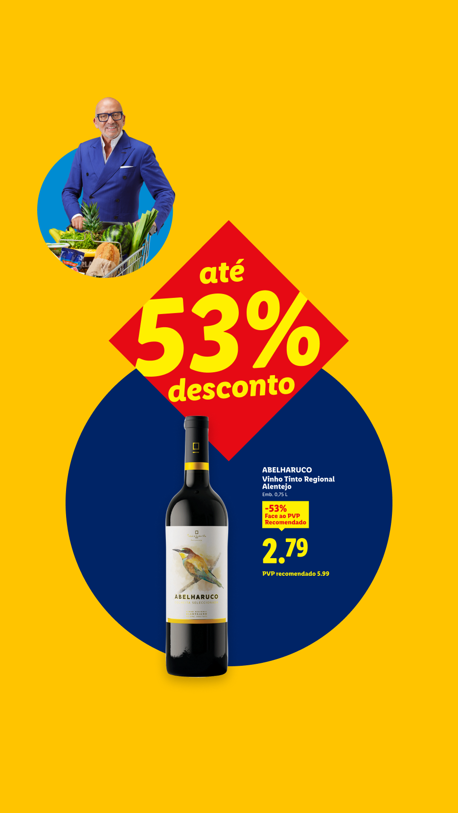 Homem com carrinho de compras, garrafa de vinho tinto com 53% de desconto, preço 2,79€.