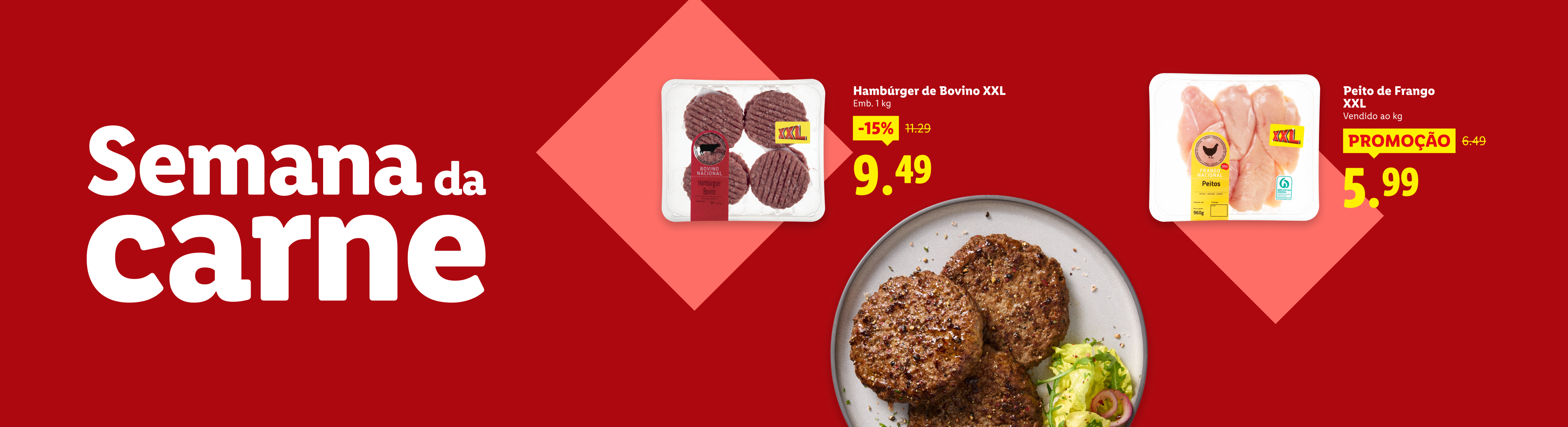 Semana da Carne: Hambúrguer de bovino XXL e peito de frango XXL em promoção.