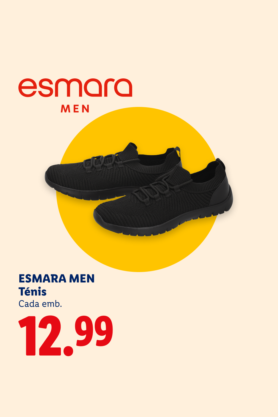 Ténis pretos de homem com atacadores, preço 12,99.