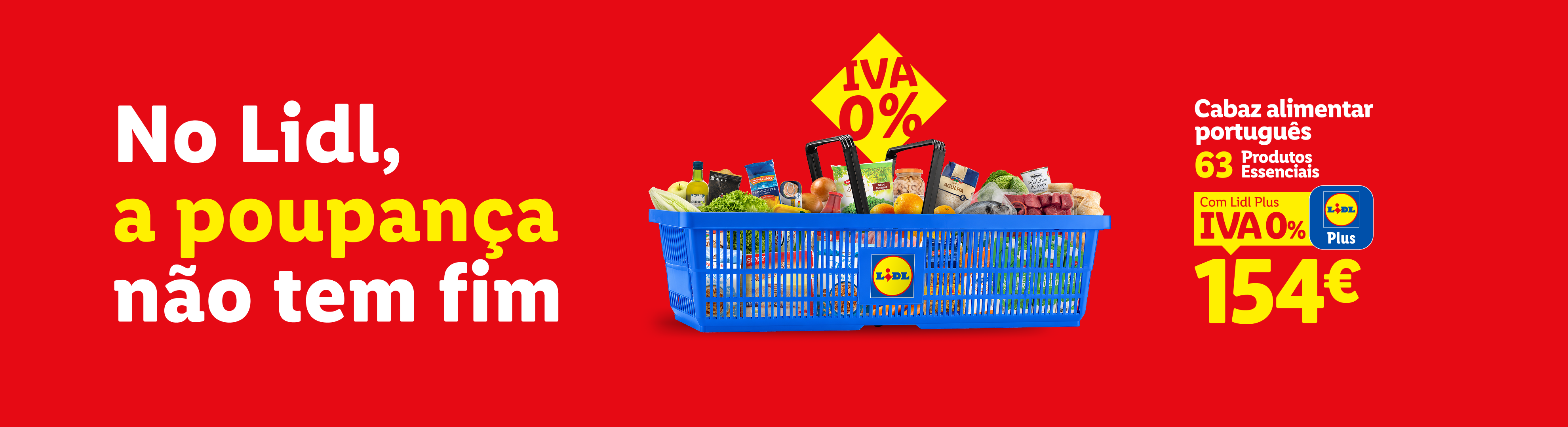 Cesto de compras com alimentos essenciais, destacando poupança e IVA 0% em Portugal.