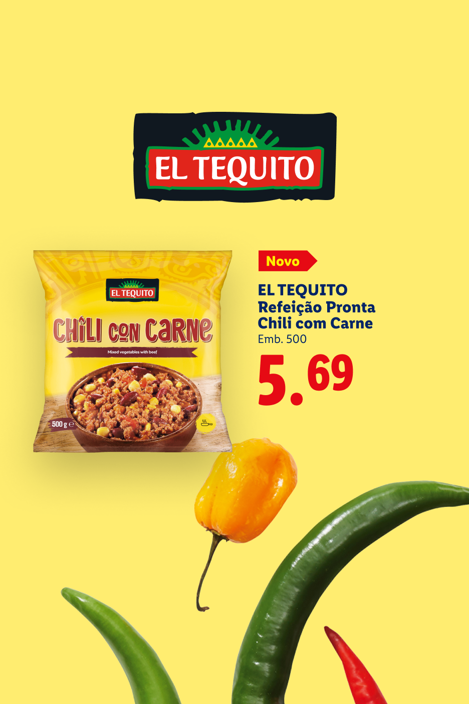 Embalagem de chili com carne pronta a comer, com pimentões frescos e preço.