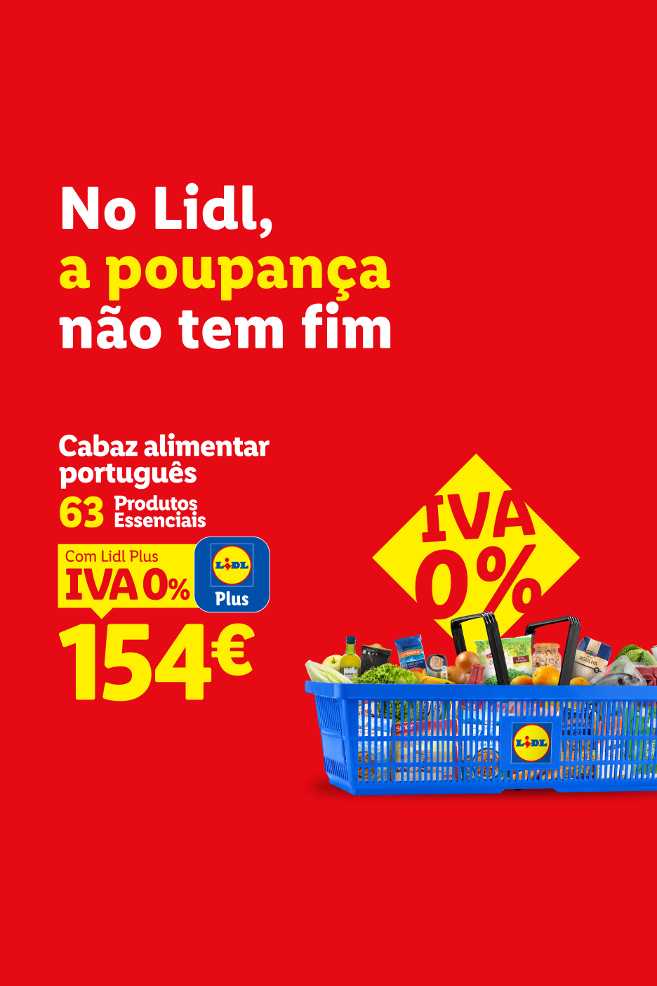 Cesto de compras azul com produtos alimentares essenciais, destacando poupança e IVA 0% com o cartão de fidelidade.