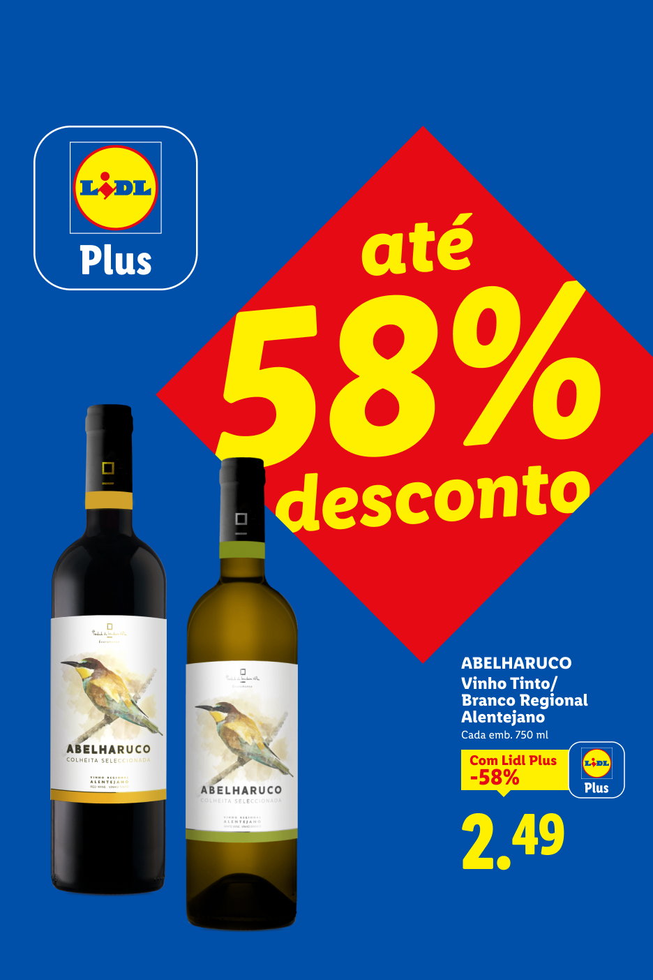 Duas garrafas de vinho, tinto e branco, com desconto de até 58% para membros Lidl Plus.