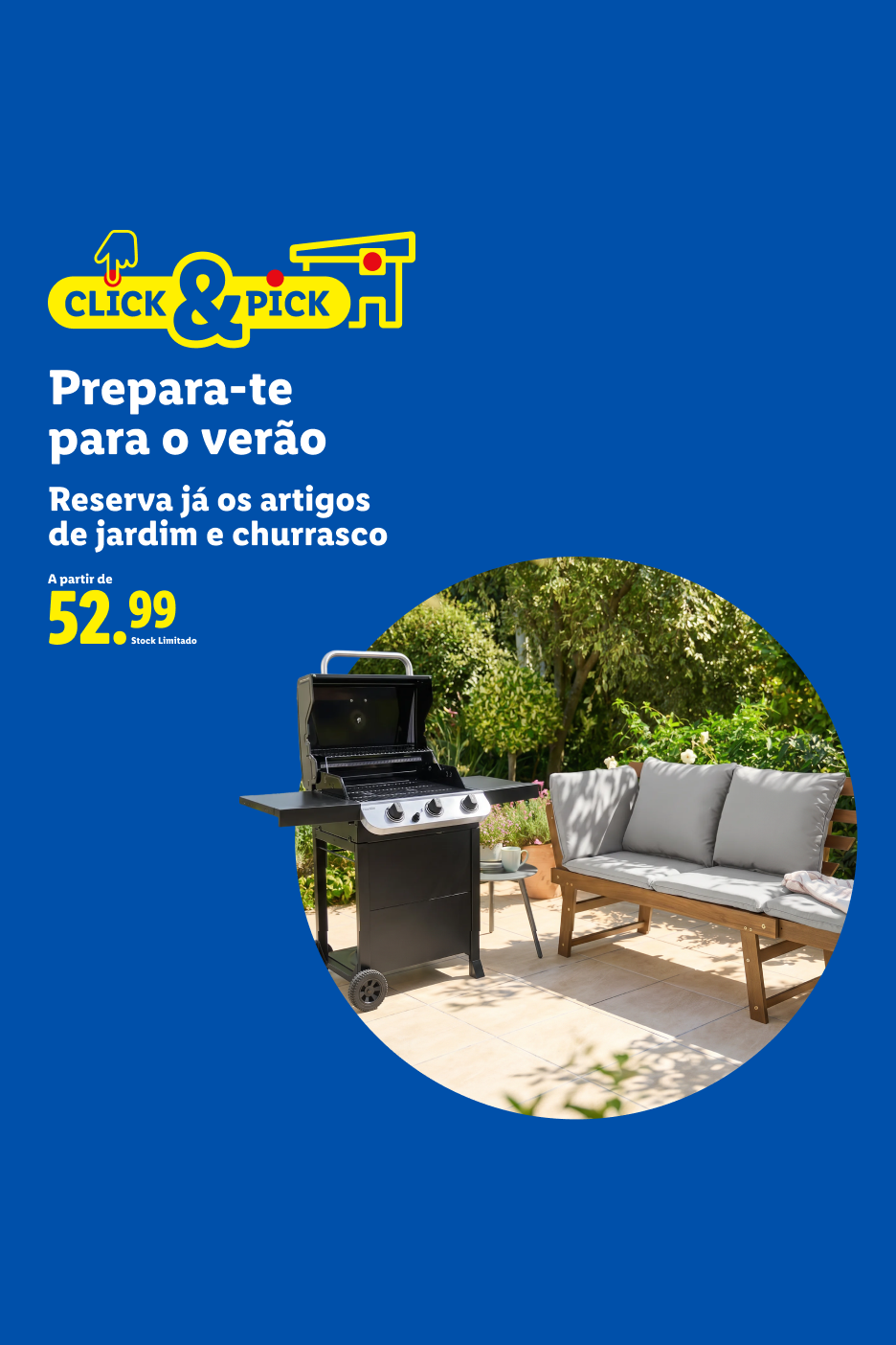 Churrasqueira a gás e banco de jardim com almofadas, com texto 'Prepara-te para o verão' e preço '52.99'.