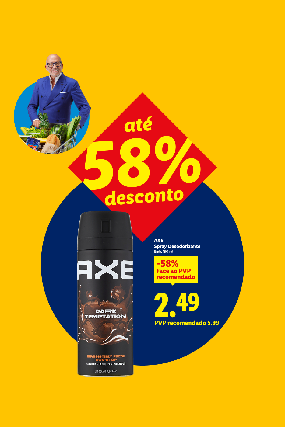 Homem com carrinho de compras e desodorizante em spray com 58% de desconto, custando 2,49€.