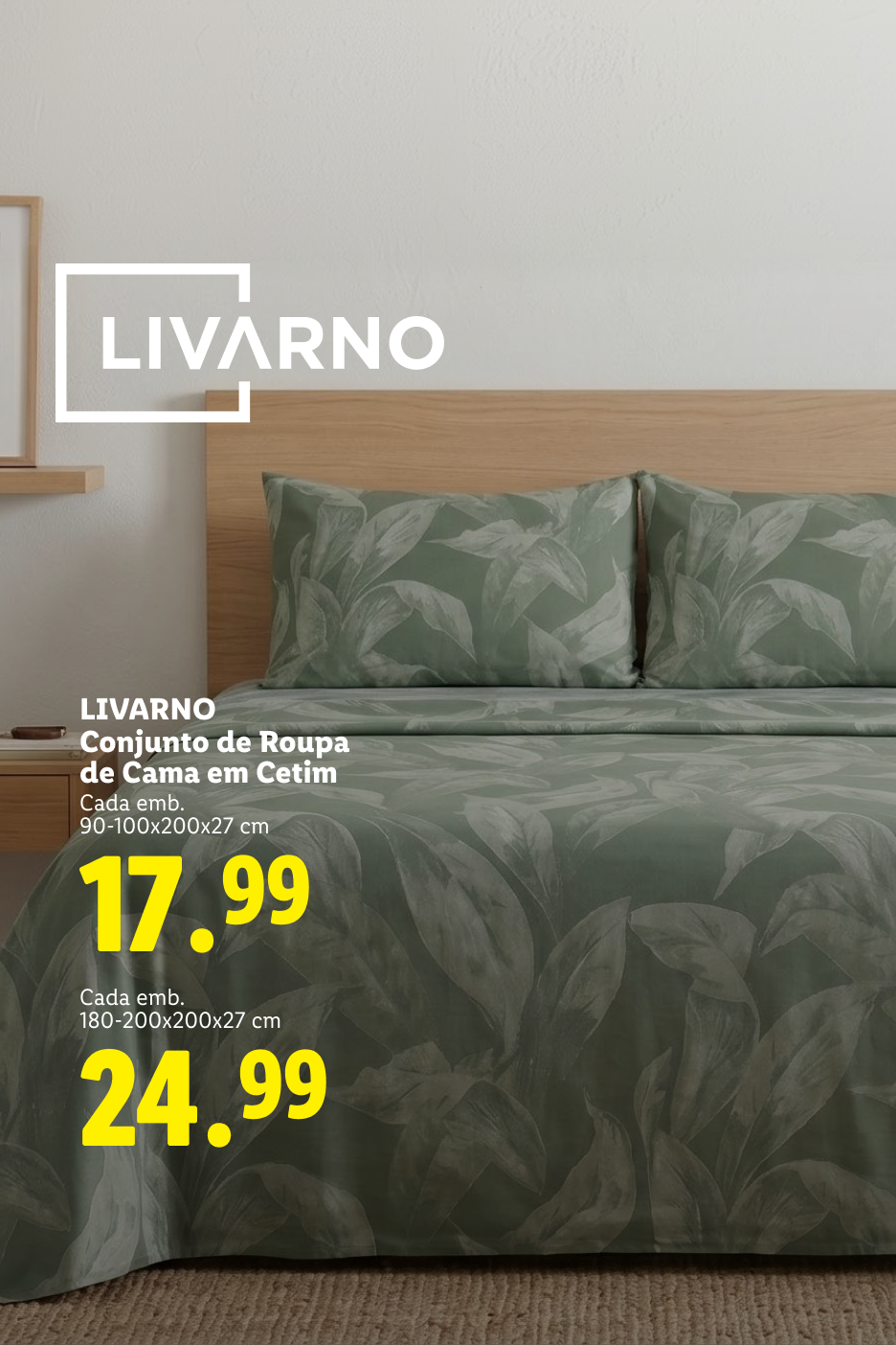 Conjunto de roupa de cama em cetim com padrão de folhas, disponível em dois tamanhos e preços.