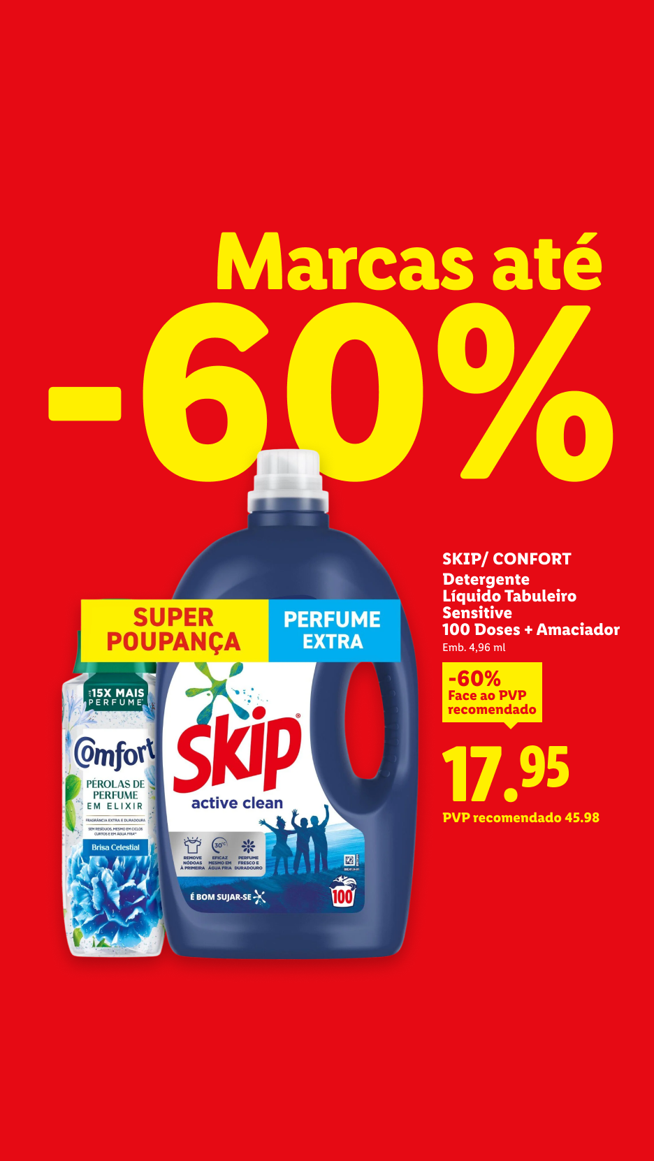 Anúncio de detergente líquido e pérolas de perfume para roupa com desconto de 60%.