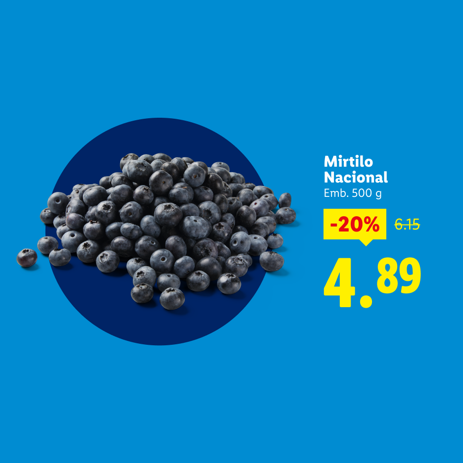 Mirtilos nacionais, embalagem de 500g, com 20% de desconto, preço final 4,89.