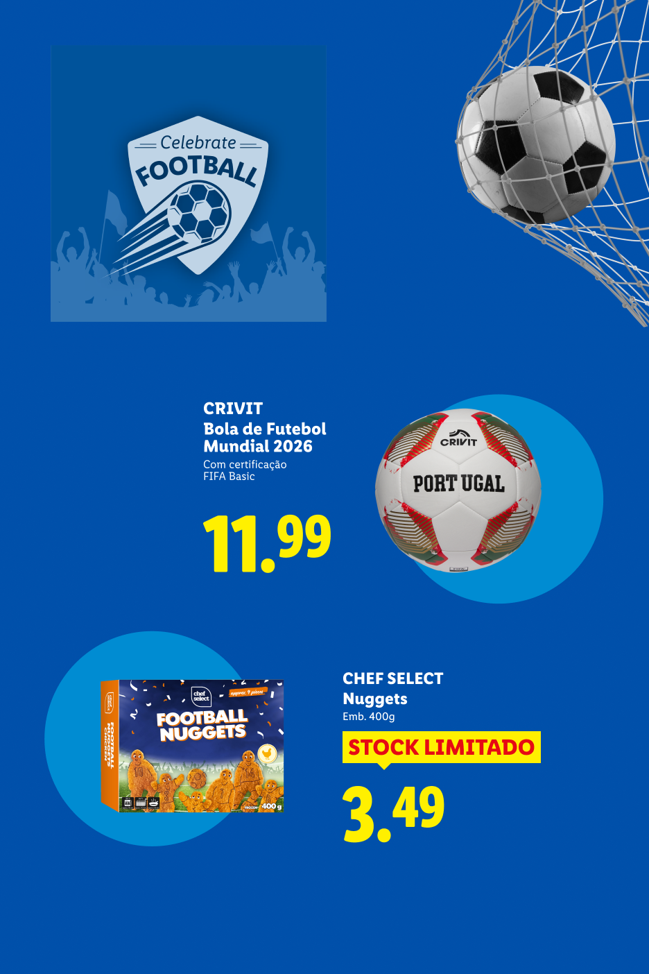Bola de futebol e nuggets de frango com tema de futebol, com preços e informações de certificação.