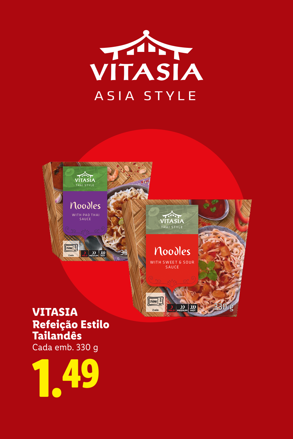 Refeições de noodles estilo tailandês com molho Pad Thai e molho agridoce, cada embalagem 330g por 1,49€.