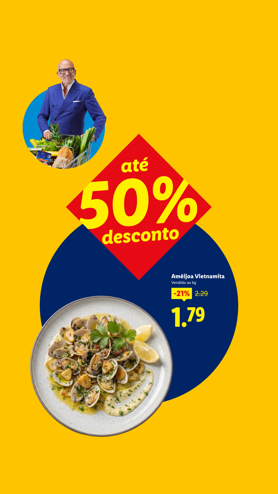 Homem com carrinho de compras, amêijoas e desconto de 50%.